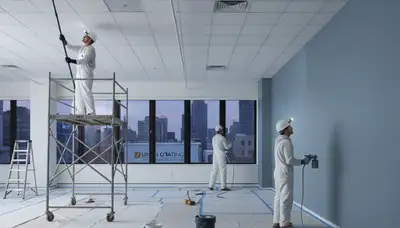Commercial painters applying durable exterior coating to a Fort Collins, CO business building