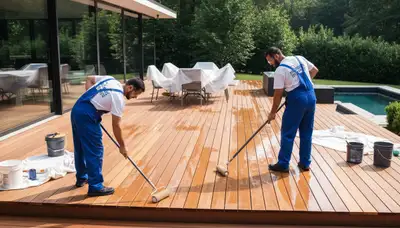 Fort Collins Paint Pros sealing a wood deck in Fort Collins, CO for weather protection